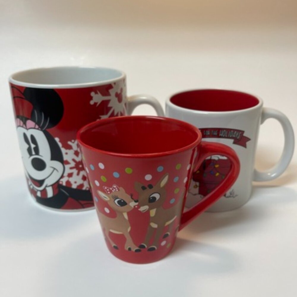 Set of 3 Whimsical Christmas Coffee Mugs - Snoopy, Rudolph & Minnie Mouse